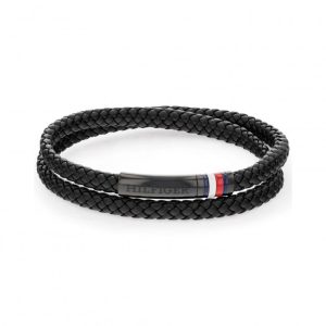 Pulsera Tommy Hiflgier Cuero Trenzado Negro y Acero Inoxidable Hombre 2790552