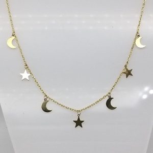 Gargantilla con combinación  de estrellas y lunas colgando en oro de 18 ktes  Ref GC104
