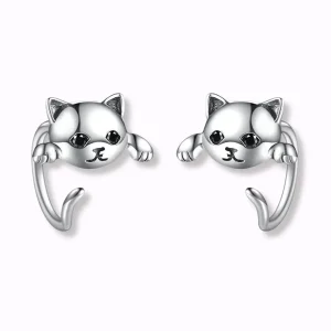 Pendientes de plata con gatito que sale de la oreja