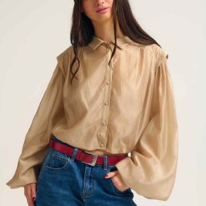 Blusa de seda Tencel con mangas globo y botones de nácar