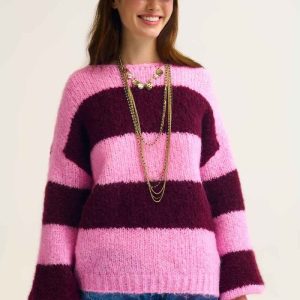 Jersey de punto a rayas rosa esponjoso con mangas globo