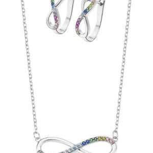 Juego de pendientes y colgante infinito multicolor.